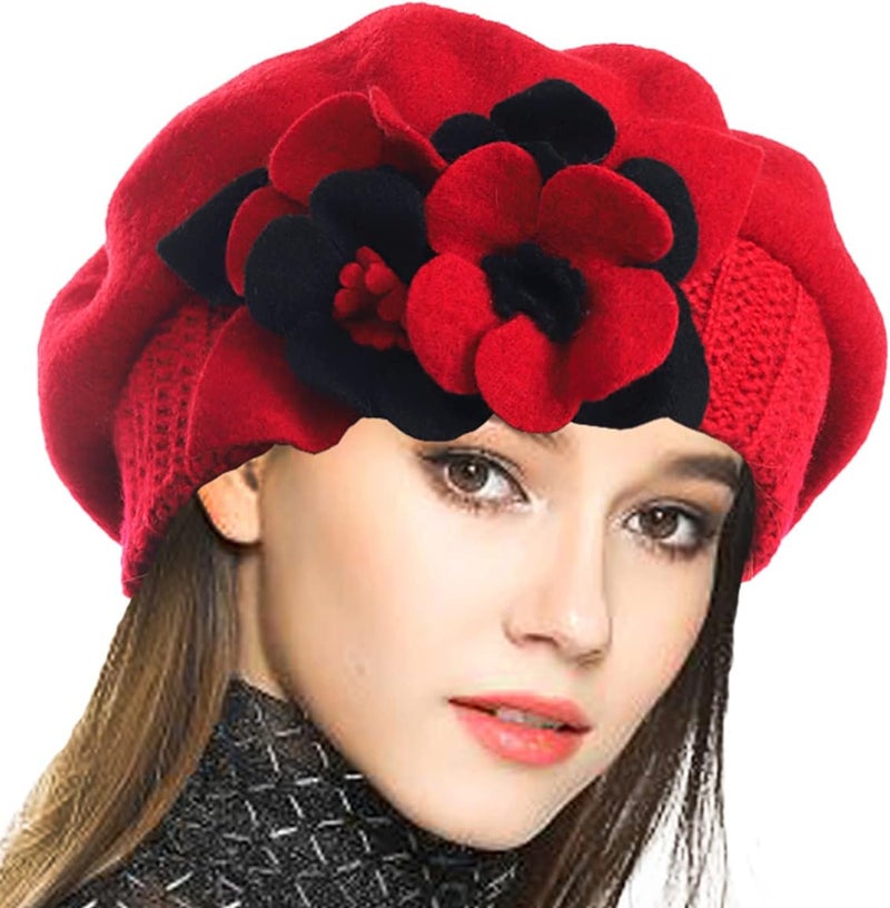 VECRY Lady French Beret 100% Wool Beret Floral Dress Beanie Winter Hat - Image 1